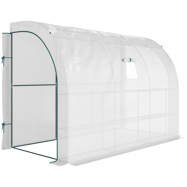 Serre de Jardin Adossée avec Étagères 3 Niveaux, Petite Serre de Balcon en Bâche PE 140 g/㎡ Renforcée et Châssis Acier, pour Légumes et Fleurs, Intérieur et Extérieur, 300x150x213cm, Blanc