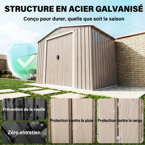 Abri de jardin en métal 2,77 m² cabane de jardin 213 x 130 x 185 cm cabanon rangement outils avec kit de fondation, porte coulissante verrouillables et 4 aérations - marron clair