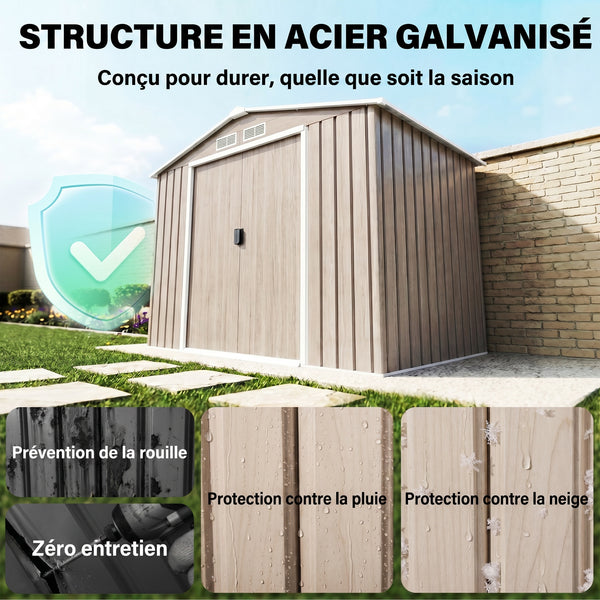 Abri de jardin en métal 2,77 m² cabane de jardin 213 x 130 x 185 cm cabanon rangement outils avec kit de fondation, porte coulissante verrouillables et 4 aérations - marron clair