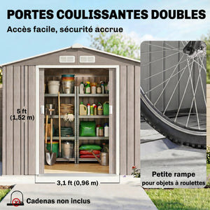 Abri de jardin en métal 2,77 m² cabane de jardin 213 x 130 x 185 cm cabanon rangement outils avec kit de fondation, porte coulissante verrouillables et 4 aérations - marron clair