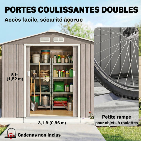 Abri de jardin en métal 2,77 m² cabane de jardin 213 x 130 x 185 cm cabanon rangement outils avec kit de fondation, porte coulissante verrouillables et 4 aérations - marron clair