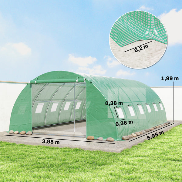 Serre Tunnel 395 x 595 x 199 cm avec 2 Barres de Support, 2 Portes Roulantes et 12 Fenêtres en Maille, Serre de Jardin avec Couverture en PE, Vert