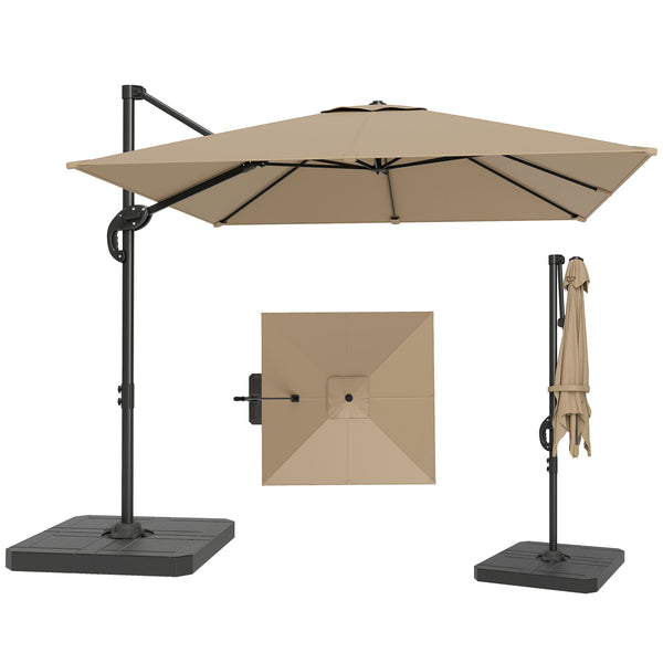 Parasol déporté carré 2,4x2,4m avec pied et dalles lestage - parasol de jardin extérieur, mât aluminium et rotatif 360° par pédale - UV50+ et inclinaison 5 positions pour terrasse, kaki
