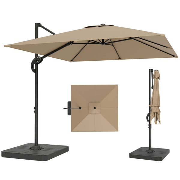 Parasol déporté carré 2,4x2,4m avec pied et dalles lestage - parasol de jardin extérieur, mât aluminium et rotatif 360° par pédale - UV50+ et inclinaison 5 positions pour terrasse, kaki
