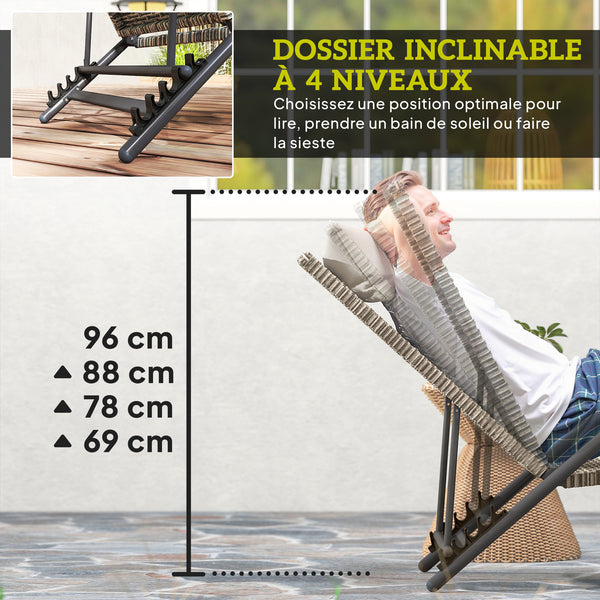 Bain de soleil en résine tressée, chaise longue transat jardin extérieur inclinable et réglable sur 4 niveaux, en forme de S, pour camping piscine terrasse, 156 x 62 x 96 cm, marron