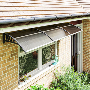 Auvent de porte d'entrée, toit marquise de porte exterieur en polycarbonate et profil aluminium résistante toit abri protection contre la pluie et UV pour terrasse, balcon, 303x96cm, marron