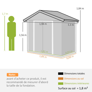 Abri de jardin en métal 1,8 m², cabane de jardin à outils en métal, 194 x 110 x 184 cm, grand espace de rangement extérieur avec portes coulissantes et 4 aérations, gris