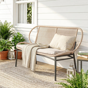 Banc de Jardin 2 Places en Résine Tressée, Banc Extérieur, Dossier et Assise Respirants, Résistant aux Intempéries, Cadre en Métal, Capacité 320kg, pour Patio, Terrasse, 138x62x83cm, Naturel