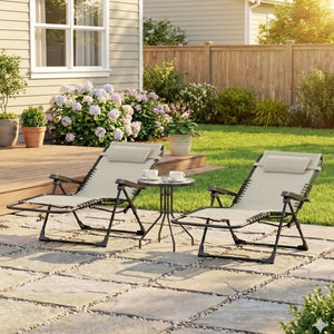 Lot de 2 bain de soleil, chaise longue pliante avec appuie-tête en textilène, transat jardin extérieur inclinable de plage camping piscine terrasse, 90 x 65 x 112 cm, beige
