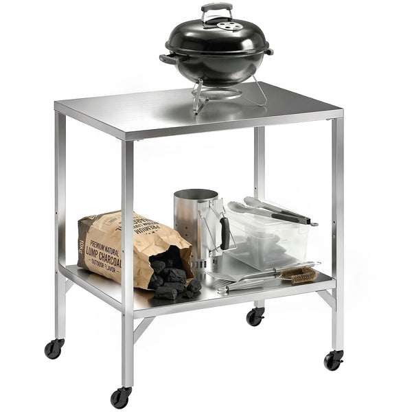 Chariot de Barbecue en Acier Inoxydable - Table de Préparation Extérieur de 85x60cm avec Plan de Travail et Roulettes - Desserte de Jardin Stable pour Four à Pizza et Grill, Argenté