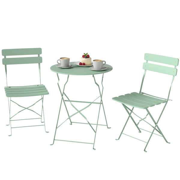 Ensemble bistro de jardin 3 pièces pliable - Table bistrot et 2 chaises à lames, pieds doubles en X, résistant à la rouille - Ensemble balcon extérieur Vert