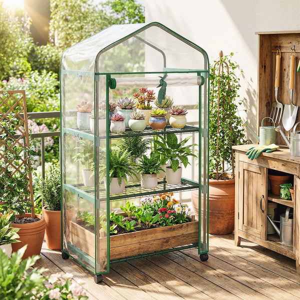 Serre de jardin PVC avec étagères 3 niveaux, serre de balcon, bâche PVC, châssis en acier, porte zippée enroulable, pour légumes plantes fleurs, 69x49x130cm, transparent