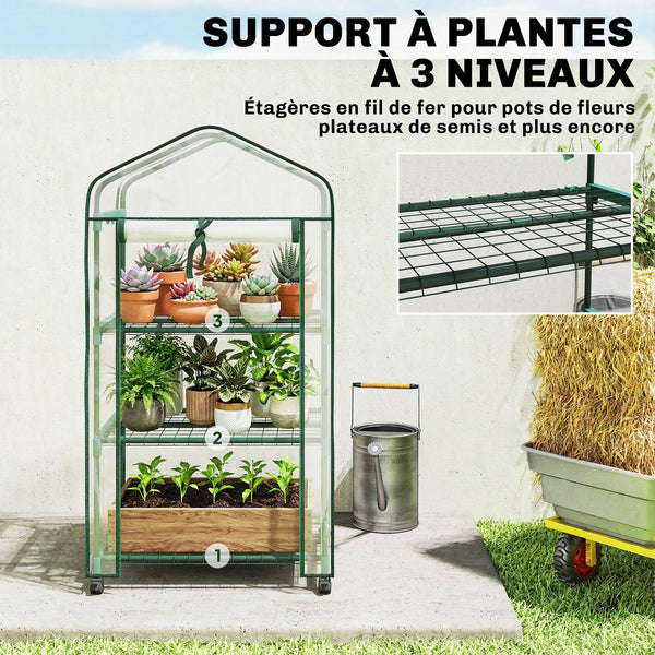Serre de jardin PVC avec étagères 3 niveaux, serre de balcon, bâche PVC, châssis en acier, porte zippée enroulable, pour légumes plantes fleurs, 69x49x130cm, transparent