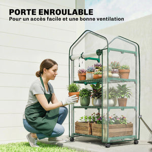 Serre de jardin PVC avec étagères 3 niveaux, serre de balcon, bâche PVC, châssis en acier, porte zippée enroulable, pour légumes plantes fleurs, 69x49x130cm, transparent