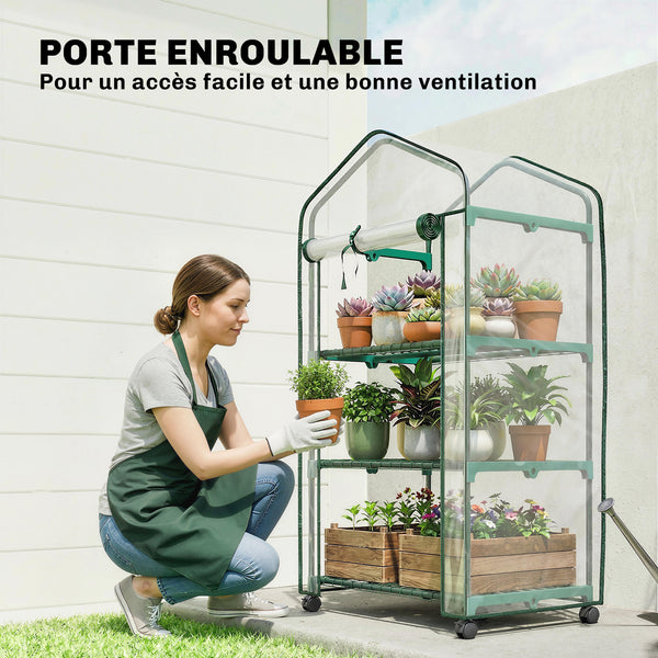 Serre de jardin PVC avec étagères 3 niveaux, serre de balcon, bâche PVC, châssis en acier, porte zippée enroulable, pour légumes plantes fleurs, 69x49x130cm, transparent