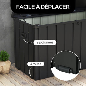 Coffre de rangement malle de jardin capacité 450L en métal avec vérin à gaz, roulettes et poignée - dim. 125,5L x 61,5l x 70H cm