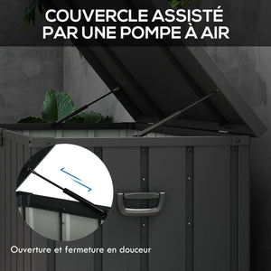 Coffre de rangement malle de jardin capacité 450L en métal avec vérin à gaz, roulettes et poignée - dim. 125,5L x 61,5l x 70H cm