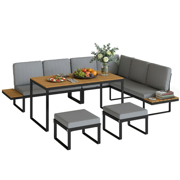 Ensemble de Jardin 6 Pièces avec Coussins, Mobilier de Jardin en Aluminium pour 6 à 8 Personnes avec Table, Canapé d'Angle pour Terrasse, Jardin, Véranda, Gris