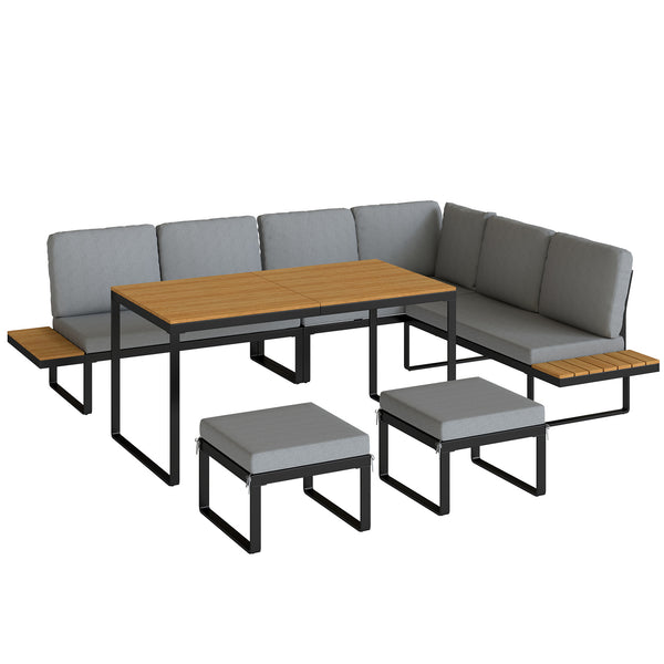 Ensemble de Jardin 6 Pièces avec Coussins, Mobilier de Jardin en Aluminium pour 6 à 8 Personnes avec Table, Canapé d'Angle pour Terrasse, Jardin, Véranda, Gris