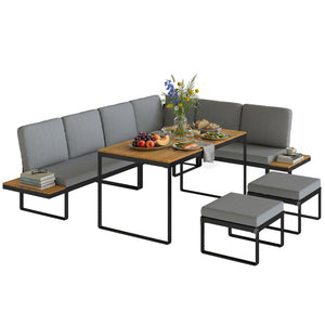 Ensemble de Jardin 6 Pièces avec Coussins, Mobilier de Jardin en Aluminium pour 6 à 8 Personnes avec Table, Canapé d'Angle pour Terrasse, Jardin, Véranda, Gris