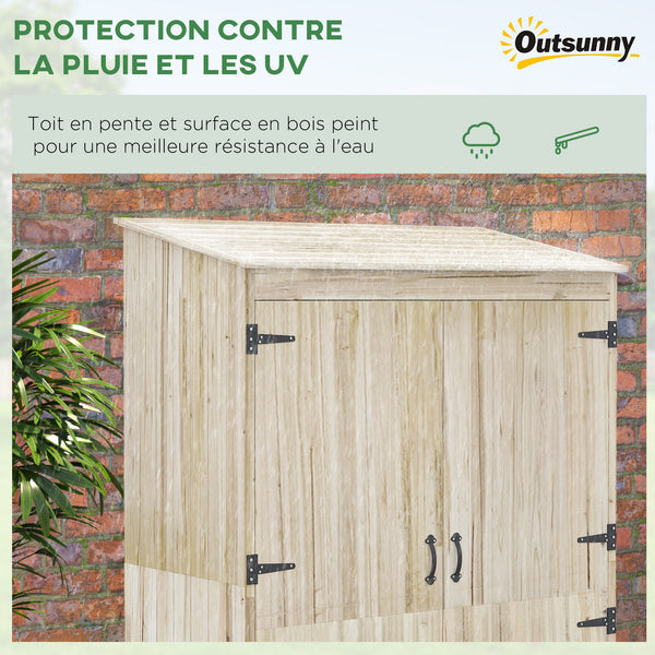 Armoire de jardin, armoire de rangement en bois, 2 étagères, 2 portes magnétiques, toit incliné, compartiment droit spacieux, 120 x 57 x 183 cm, bois naturel