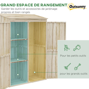 Armoire de jardin, armoire de rangement en bois, 2 étagères, 2 portes magnétiques, toit incliné, compartiment droit spacieux, 120 x 57 x 183 cm, bois naturel