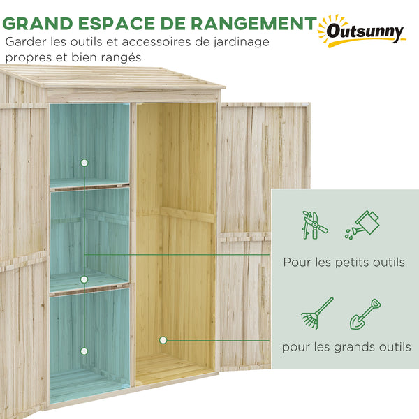 Armoire de jardin, armoire de rangement en bois, 2 étagères, 2 portes magnétiques, toit incliné, compartiment droit spacieux, 120 x 57 x 183 cm, bois naturel