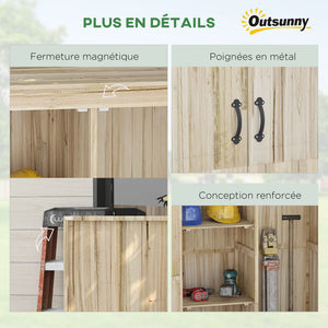 Armoire de jardin, armoire de rangement en bois, 2 étagères, 2 portes magnétiques, toit incliné, compartiment droit spacieux, 120 x 57 x 183 cm, bois naturel
