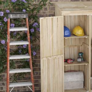 Armoire de jardin, armoire de rangement en bois, 2 étagères, 2 portes magnétiques, toit incliné, compartiment droit spacieux, 120 x 57 x 183 cm, bois naturel