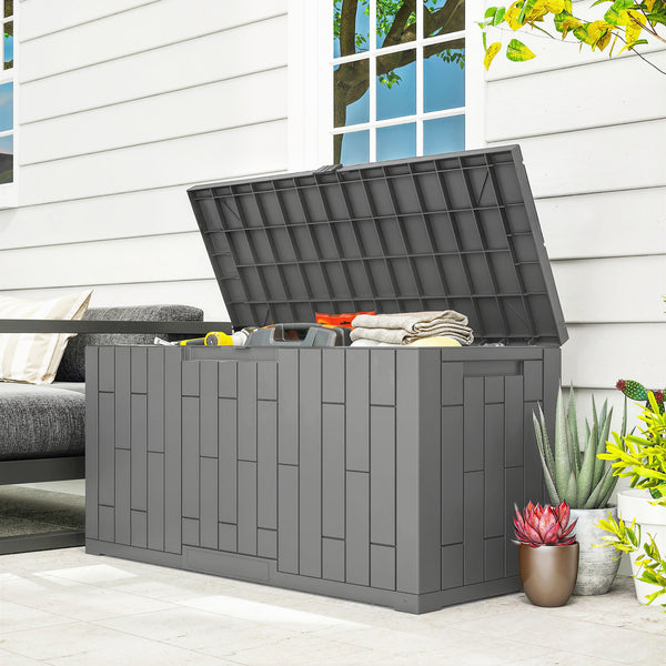 Coffre de Rangement Extérieur 227 L Verrouillable avec Vérin à Gaz, Boîte de Jardin en Aspect Bois Résistant aux UV, pour Outils Accessoires, 106,5x43x54,5cm, Gris