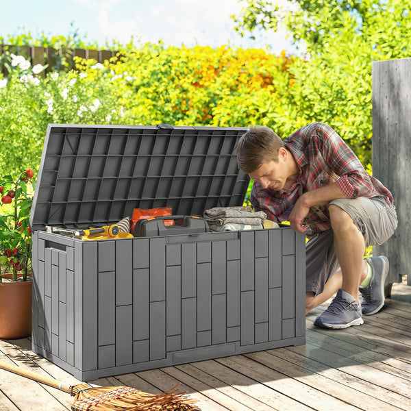 Coffre de Rangement Extérieur 227 L Verrouillable avec Vérin à Gaz, Boîte de Jardin en Aspect Bois Résistant aux UV, pour Outils Accessoires, 106,5x43x54,5cm, Gris