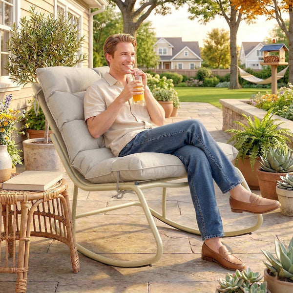 Fauteuil à bascule d'extérieur avec assise extra large 64 cm et coussin moelleux, fauteuil de jardin, balcon, véranda, kaki