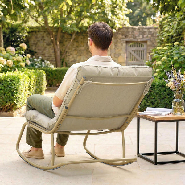 Fauteuil à bascule d'extérieur avec assise extra large 64 cm et coussin moelleux, fauteuil de jardin, balcon, véranda, kaki