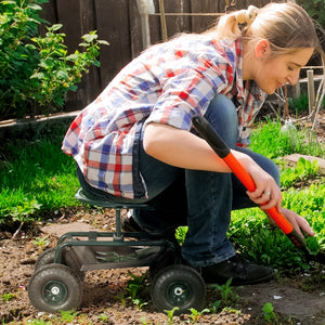 Siège de jardin siège de travail chaise roulante siège pivotant à 360° et réglable en hauteur avec plateau à outils charge max. 150 Kg vert