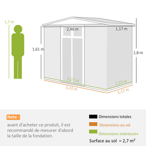 Abri de jardin en métal 2,7 m² cabane de jardin 246 x 117 x 180 cm cabanon rangement outils avec fenêtre, 4 évents et porte verrouillable, cabanon jardin extérieur en acier galvanisé, gris