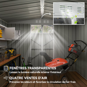 Abri de jardin en métal 2,7 m² cabane de jardin 246 x 117 x 180 cm cabanon rangement outils avec fenêtre, 4 évents et porte verrouillable, cabanon jardin extérieur en acier galvanisé, gris