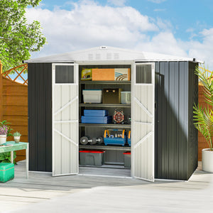 Abri de jardin en métal 2,7 m² cabane de jardin 246 x 117 x 180 cm cabanon rangement outils avec fenêtre, 4 évents et porte verrouillable, cabanon jardin extérieur en acier galvanisé, gris