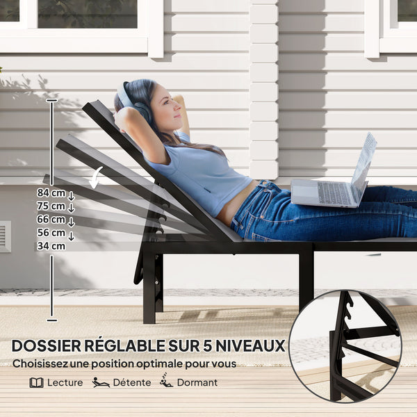 Bain de soleil, chaise longue jardin extérieur, dossier inclinable sur 5 positions, transat avec assise en textilène, structure en acier pour terrasse et plage, gris