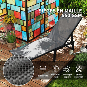 Bain de soleil, chaise longue jardin extérieur, dossier inclinable sur 5 positions, transat avec assise en textilène, structure en acier pour terrasse et plage, gris