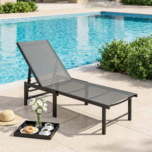 Bain de soleil, chaise longue jardin extérieur, dossier inclinable sur 5 positions, transat avec assise en textilène, structure en acier pour terrasse et plage, gris
