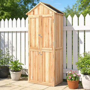 Armoire de Jardin en Bois, Abri à Outils 190cm et 4 Portes - Rangement Extérieur Toit en Pointe en Asphalte - Cabane de Jardin avec Étagères Amovibles pour Terrasse Balcon, Bois Naturel