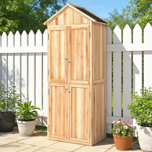 Armoire de Jardin en Bois, Abri à Outils 190cm et 4 Portes - Rangement Extérieur Toit en Pointe en Asphalte - Cabane de Jardin avec Étagères Amovibles pour Terrasse Balcon, Bois Naturel