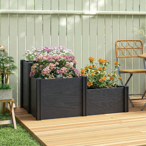 Jardinière surélevée, lit de jardin à 3 niveaux avec fond ouvert, carré potager de jardin pour fleurs, herbes, légumes, 120 x 80 x 64 cm, effet bois gris