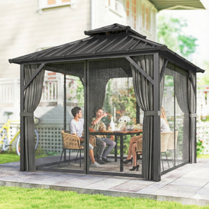 Pavillon 3 x 3 m avec Toit Rigide en Acier Galvanisé, Protection UPF50+, Cadre en Aluminium, Rideaux et Moustiquaire, Crochet de Plafond, Gris Foncé