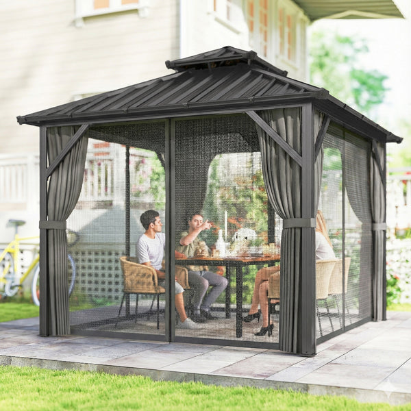 Pavillon 3 x 3 m avec Toit Rigide en Acier Galvanisé, Protection UPF50+, Cadre en Aluminium, Rideaux et Moustiquaire, Crochet de Plafond, Gris Foncé