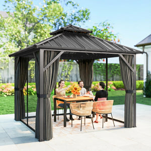 Pavillon 3 x 3 m avec Toit Rigide en Acier Galvanisé, Protection UPF50+, Cadre en Aluminium, Rideaux et Moustiquaire, Crochet de Plafond, Gris Foncé