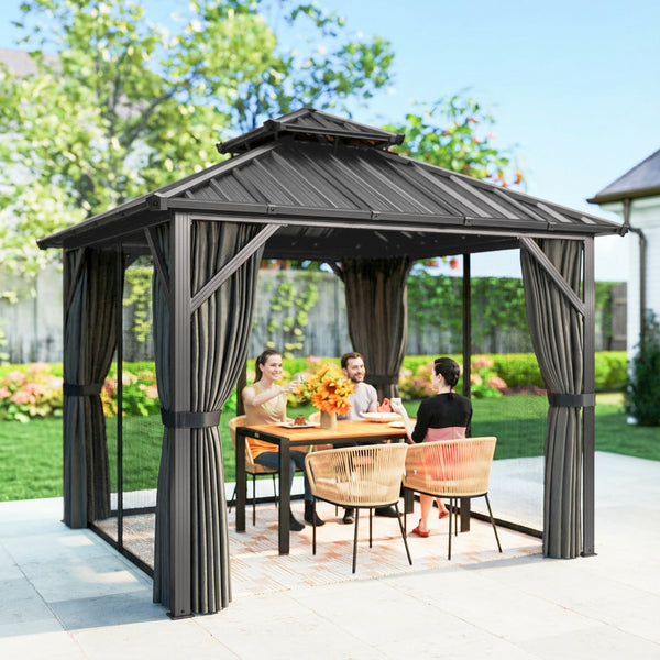 Pavillon 3 x 3 m avec Toit Rigide en Acier Galvanisé, Protection UPF50+, Cadre en Aluminium, Rideaux et Moustiquaire, Crochet de Plafond, Gris Foncé