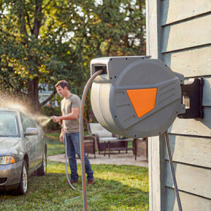Enrouleur Tuyau Arrosage Mural 40+2 m Pivotant à 180°, Dévidoir de Tuyaux d'Eau, Buse 2 Modes, Rembobinage Auto et Progressif avec Verrou, Adaptateurs, pour Jardin, Lavage de Voiture, Orange