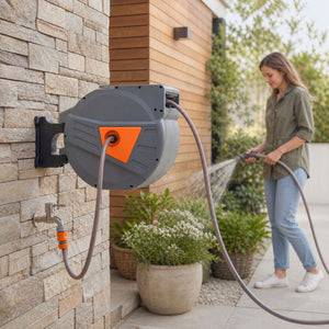Enrouleur Tuyau Arrosage Mural 40+2 m Pivotant à 180°, Dévidoir de Tuyaux d'Eau, Buse 2 Modes, Rembobinage Auto et Progressif avec Verrou, Adaptateurs, pour Jardin, Lavage de Voiture, Orange