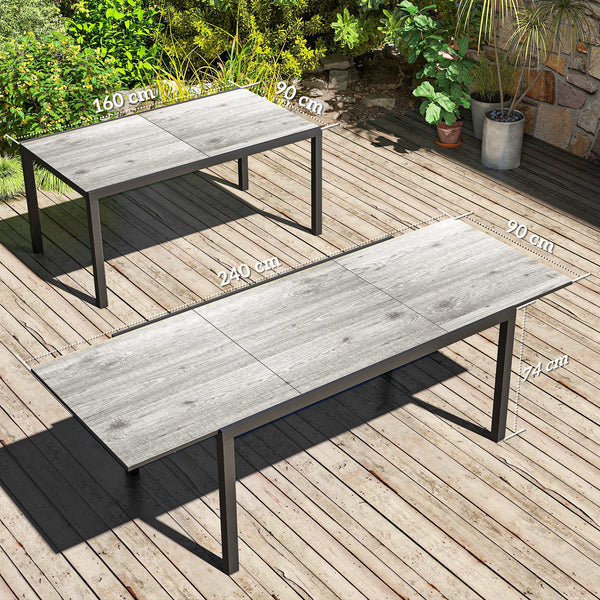 Table de jardin extensible 160/240 cm 6 - 8 personnes, table extérieur en forme rectangulaire, bordure en aluminium et structure en acier, idéal pour véranda, terrasse ou patio, gris